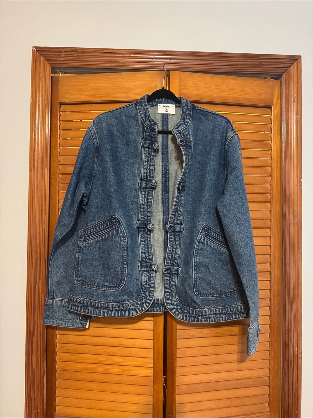 Style & Co. Washed Blue Denim Collarless Button Jacket